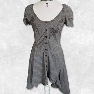 Y2K Pin Stripe Beaded Button Down Asymmetrical Midi Dress Size S-M